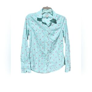 Merona 100% cotton button down shirt mint green pink flamingos novelty slim fit